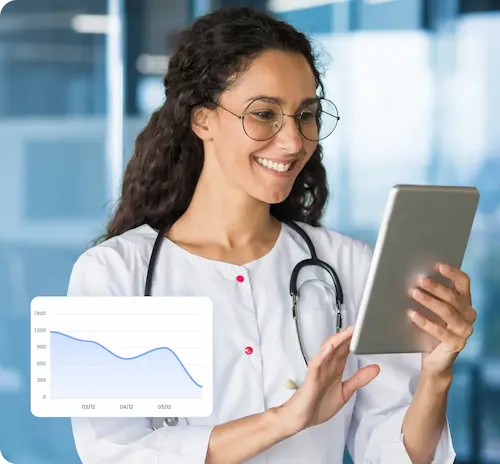 médica com um tablet sorrindo e ao lado um gráfico financeiro